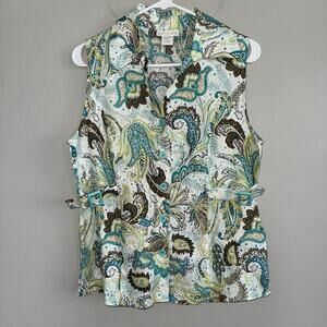 Tweeds Shirt Top Women's Medium Linen Floral Paisley Sleeveless Button Up